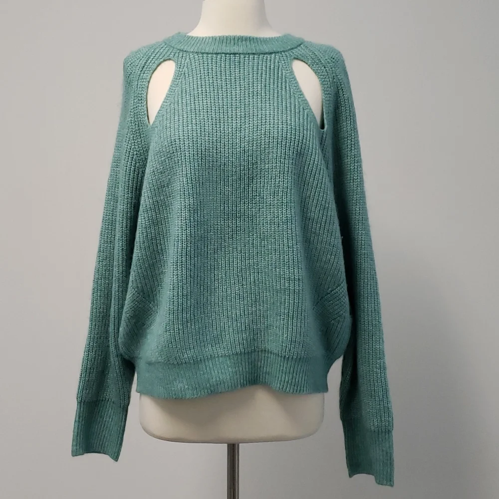 Slouchy Teal Knit Pullover‎ Sweater With Front Cut-outs Casual Unique Size XL
